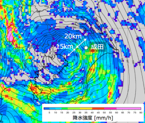 図10：　22日14時10分の「WITHセンサー」の海面気圧（等値線）と降水強度（色、気象庁レーダー）。白丸はアメダス成田の位置を示す。