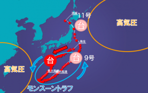 2.「モンスーントラフ」と台風11号、9号の影響を受け南西進