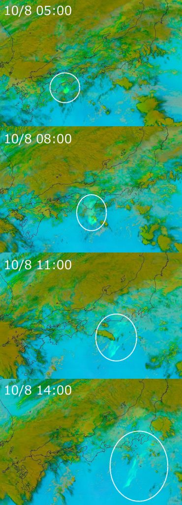 図7：ひまわり8号赤外3バンドによる火山灰解析画像